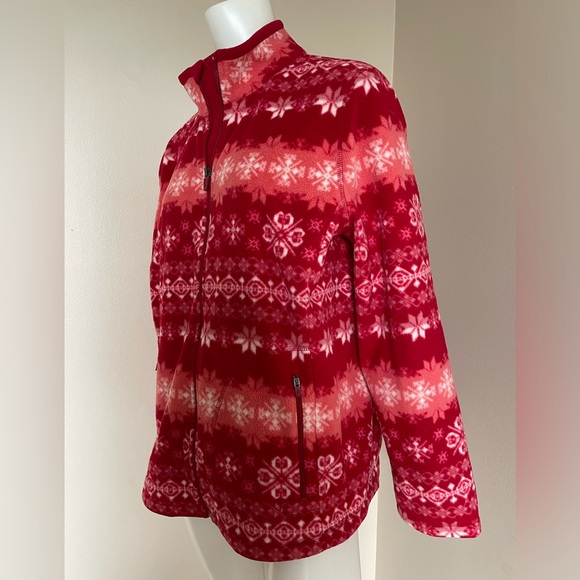 Talbots Fleece Jacket Red White Snowflake Full Zip Cozy Soft Size Large - Picture 4 of 13